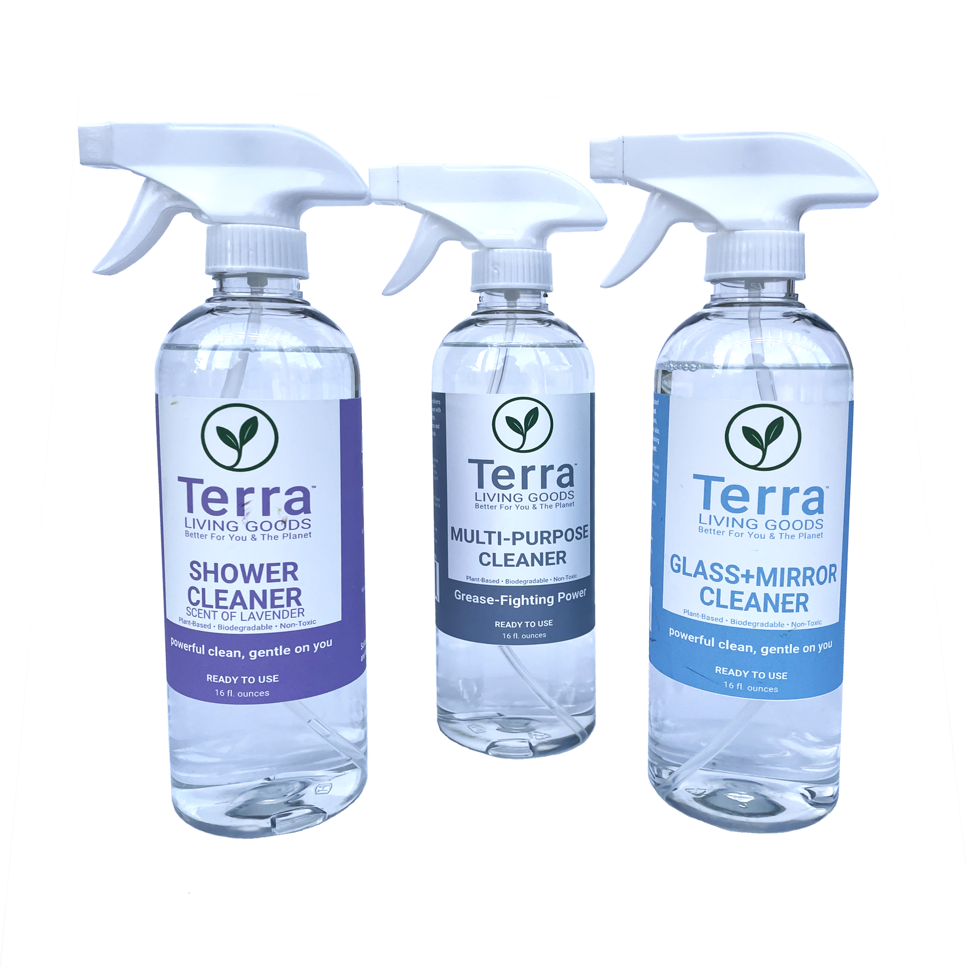 Terra Living Goods plant-based eco-friendly 3-bottle cleaning bundle on a white background

