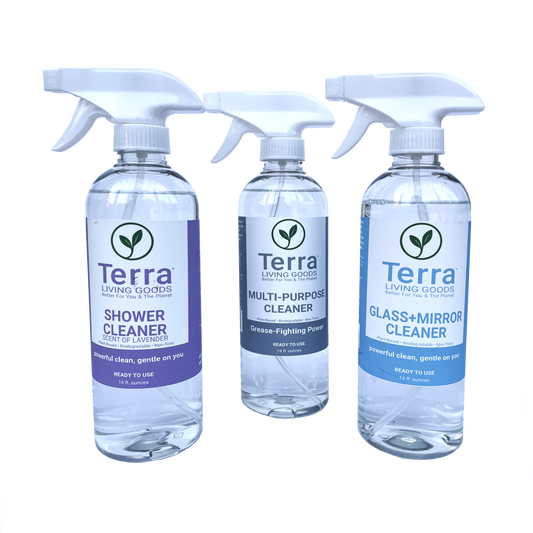 Terra Living Goods plant-based eco-friendly 3-bottle cleaning bundle on a white background


