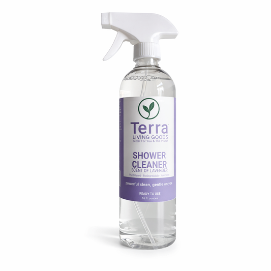 Terra Living Goods shower cleaner bottle on a white background