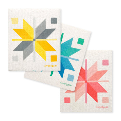 Bundle of 3 Swedish Dishcloths | Quilt Stars Yellow, Blue & Pink