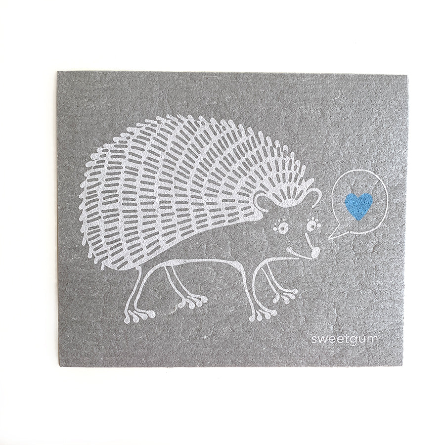 Hedgehog | White on Grey |  Swedish Dishcloth