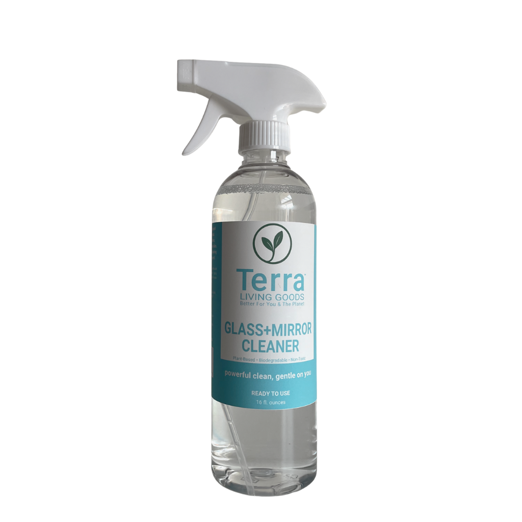 Plant-based glass and mirror cleaner included in Terra Living Goods 3-bottle bundle
